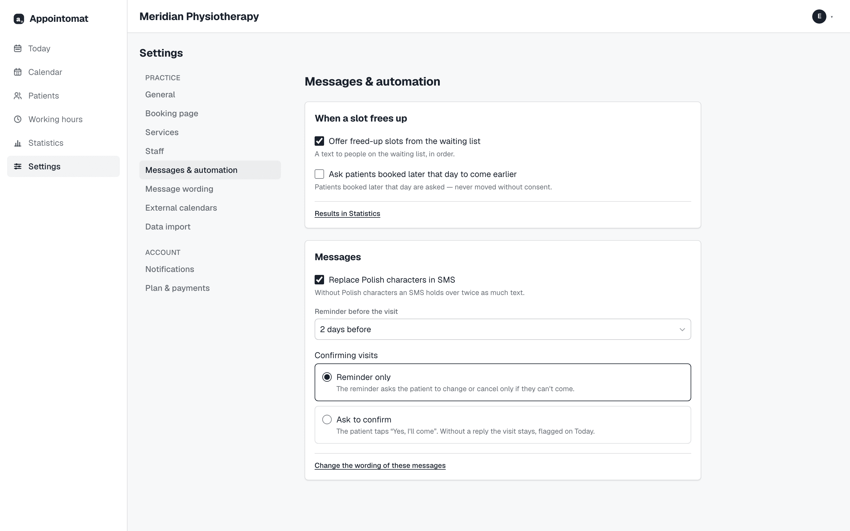 Settings → Messages & automation: the reminder 1, 2 or 3 days before, the Polish-characters switch, and the list of what a patient receives.