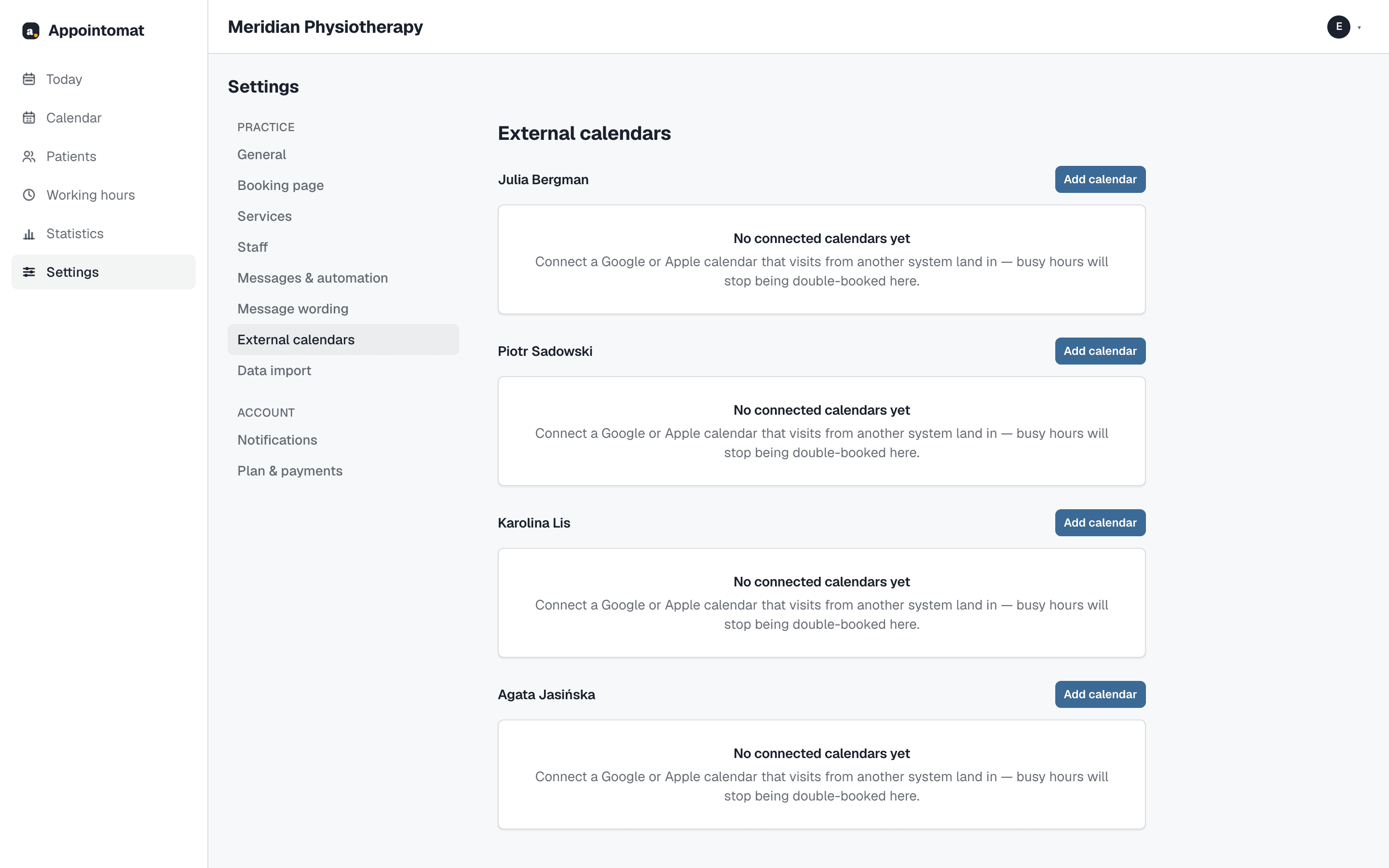 Settings → External calendars: busy hours from a Google or Apple calendar, connected with one address.