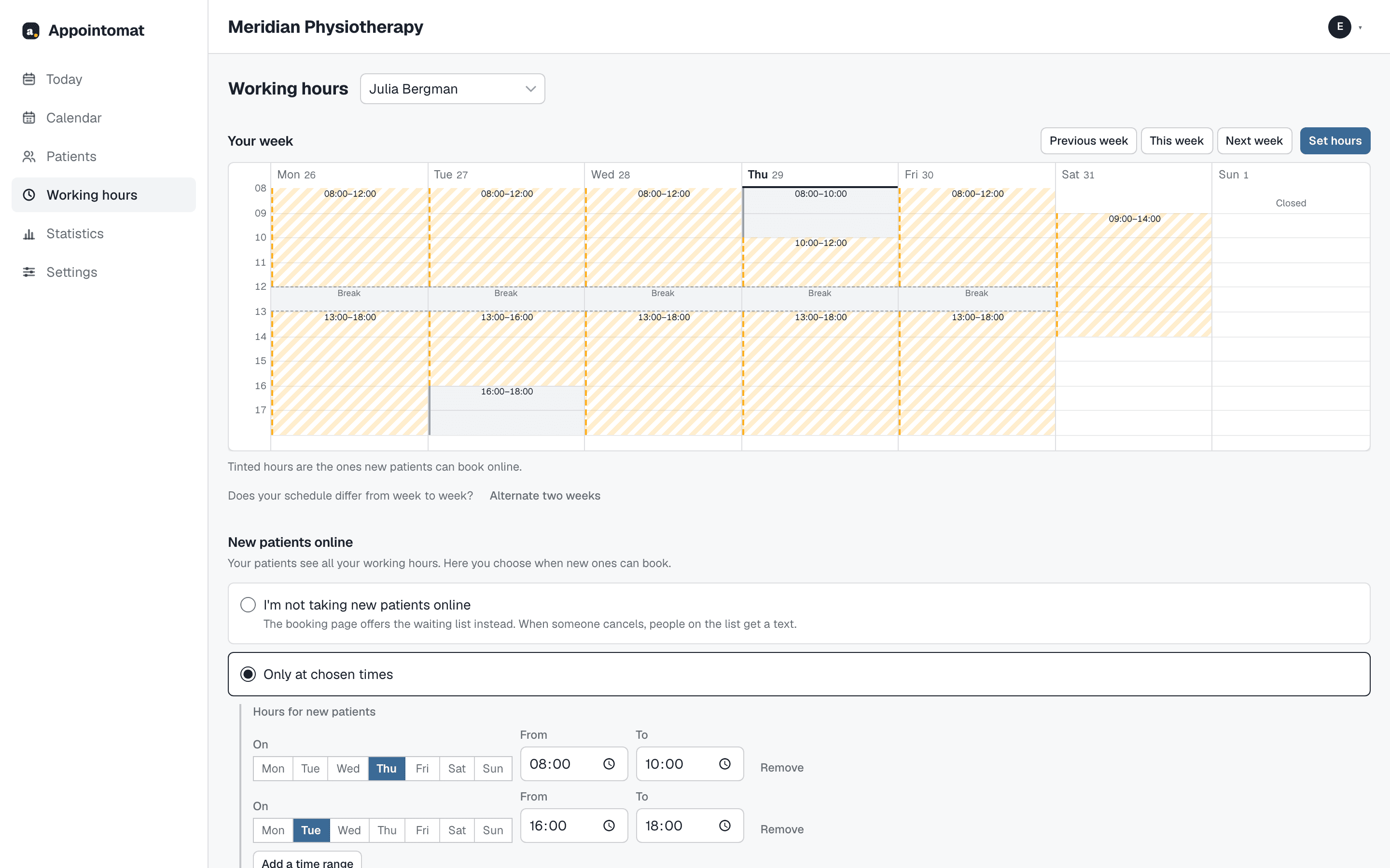 The working-hours screen in Appointomat: a week strip with hours from Monday to Saturday, a midday break, and a shorter Saturday.