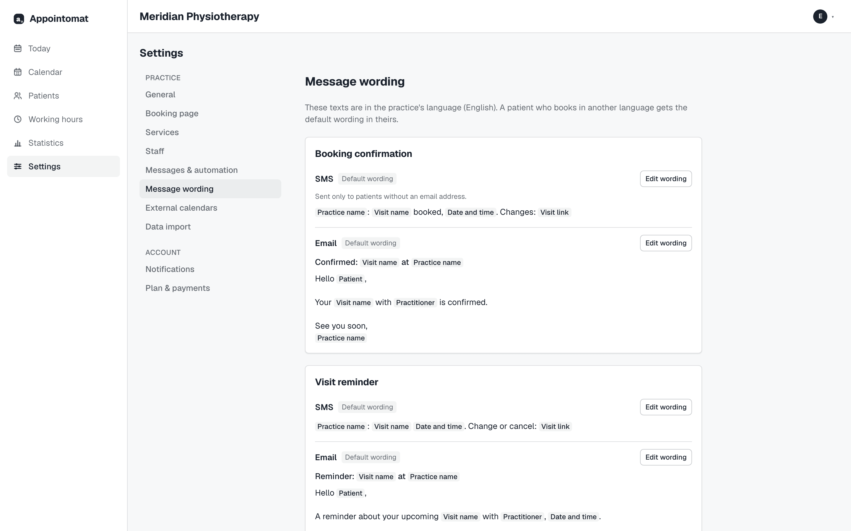 Settings → Message wording: the reminder SMS being edited, fields inserted with buttons, and the preview with its SMS counter underneath.