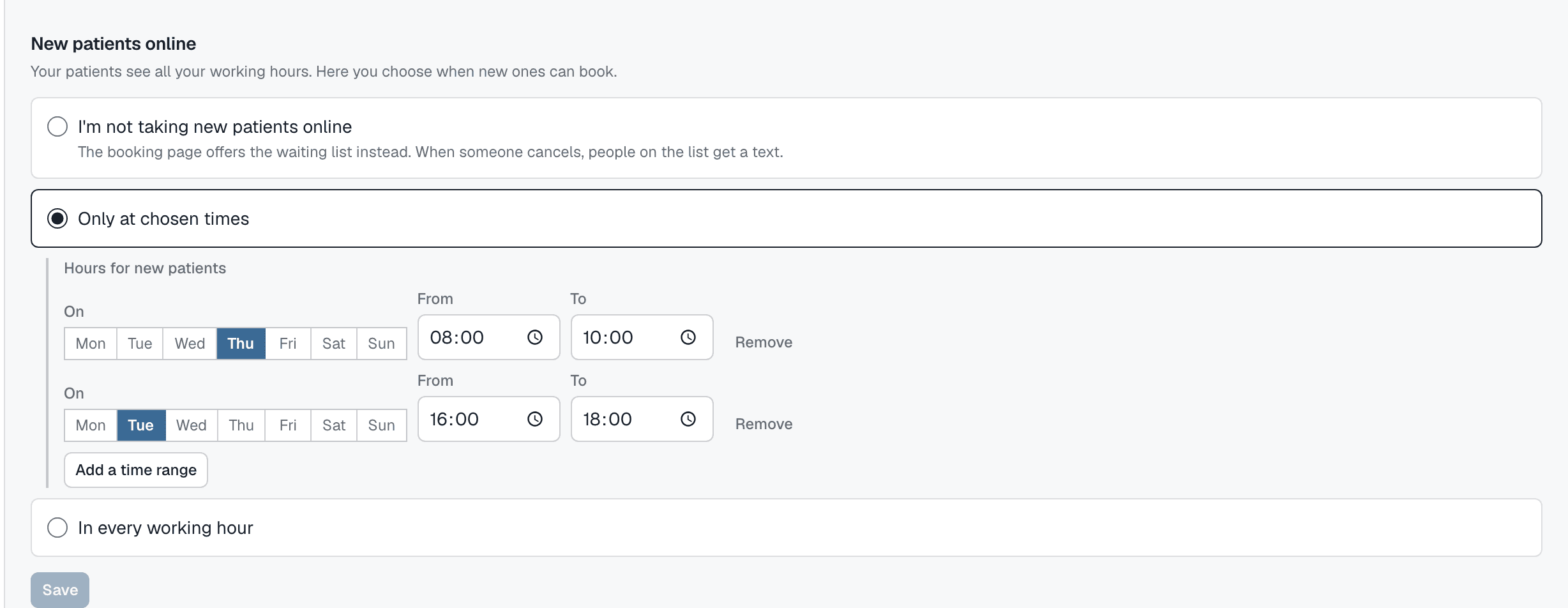 The working-hours screen in Appointomat: the "New patients online" section with three options - none online, only in chosen hours, in every working hour - and two windows, Tuesday 16:00 to 18:00 and Thursday 8:00 to 10:00.