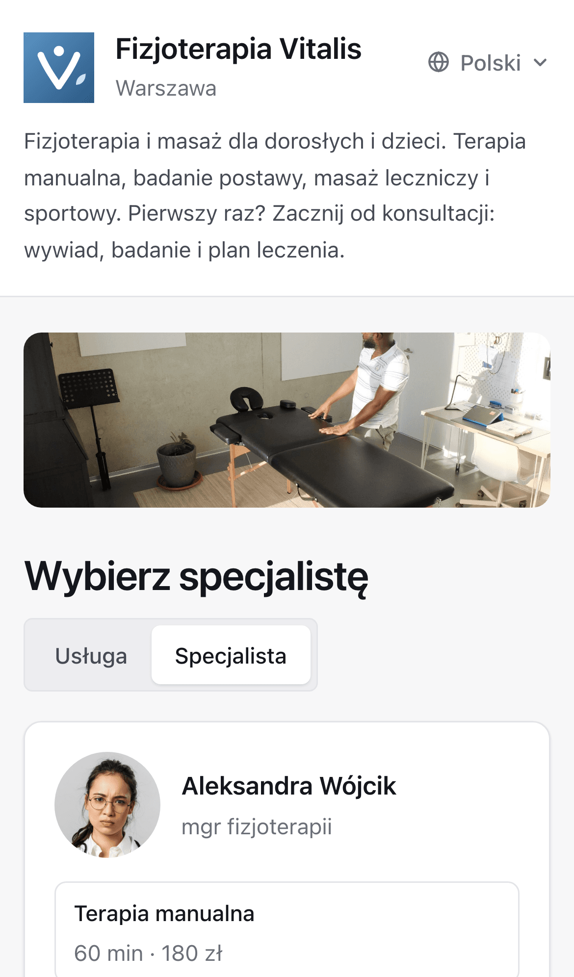 Strona rezerwacji na telefonie, zakładka „Specjalista”: osoba, a pod nią usługi, które wykonuje, z czasem i ceną.