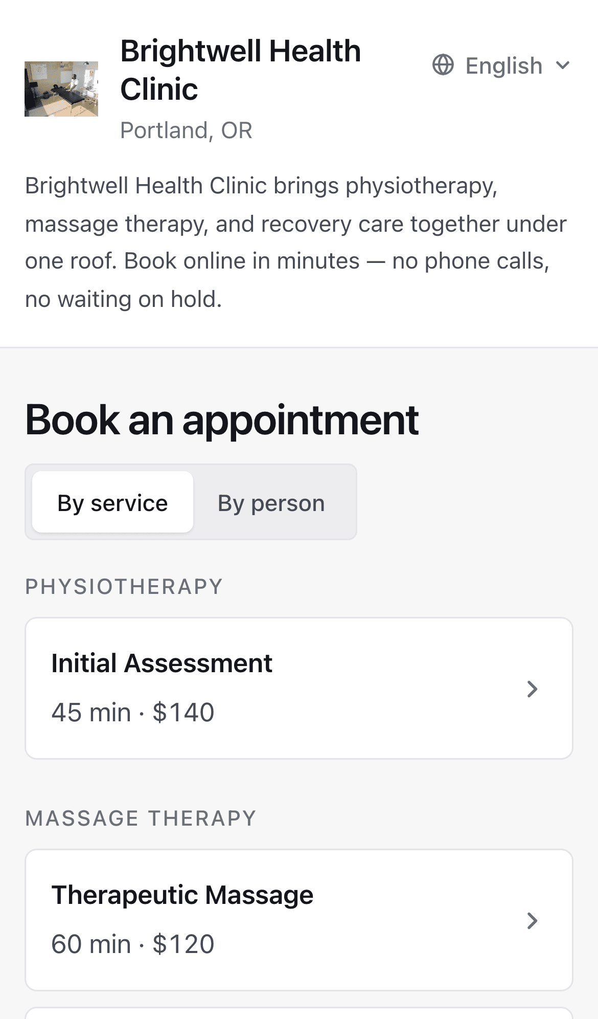 A sample clinic's booking page on a phone: the clinic's logo, name, city and description, a choice between booking by service or by person, and services grouped by category with length and price.