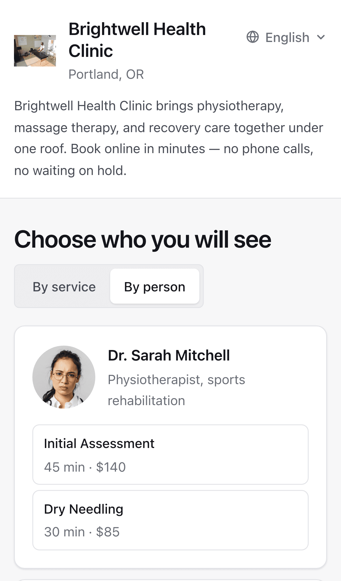 The booking page on a phone, "Practitioner" tab: the person, and under them the services they provide, with duration and price.
