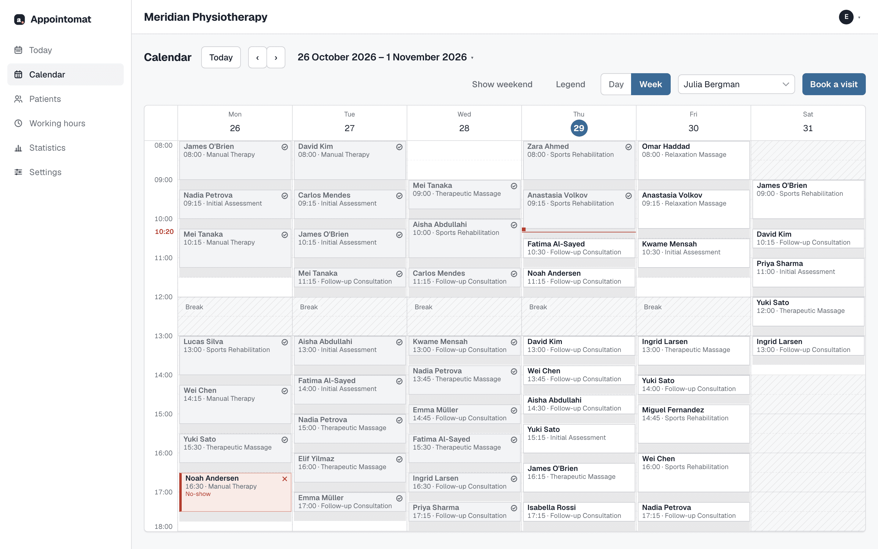 A week in Appointomat's calendar: six days of visits from 8:00 to 18:00 with a midday break, each visit with a name, a time and a service, with finished visits and a no-show set apart.