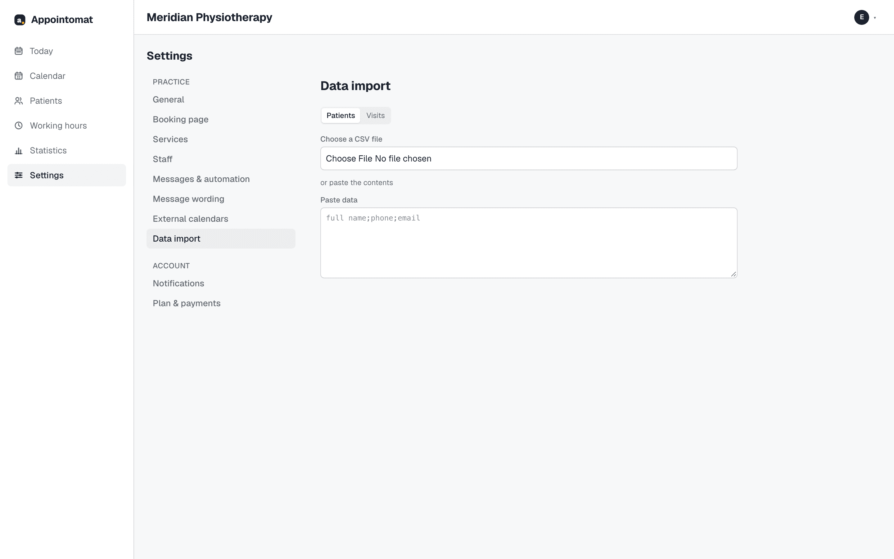 Settings → Data import: patients or visits from a CSV file, with column matching and a preview before saving.