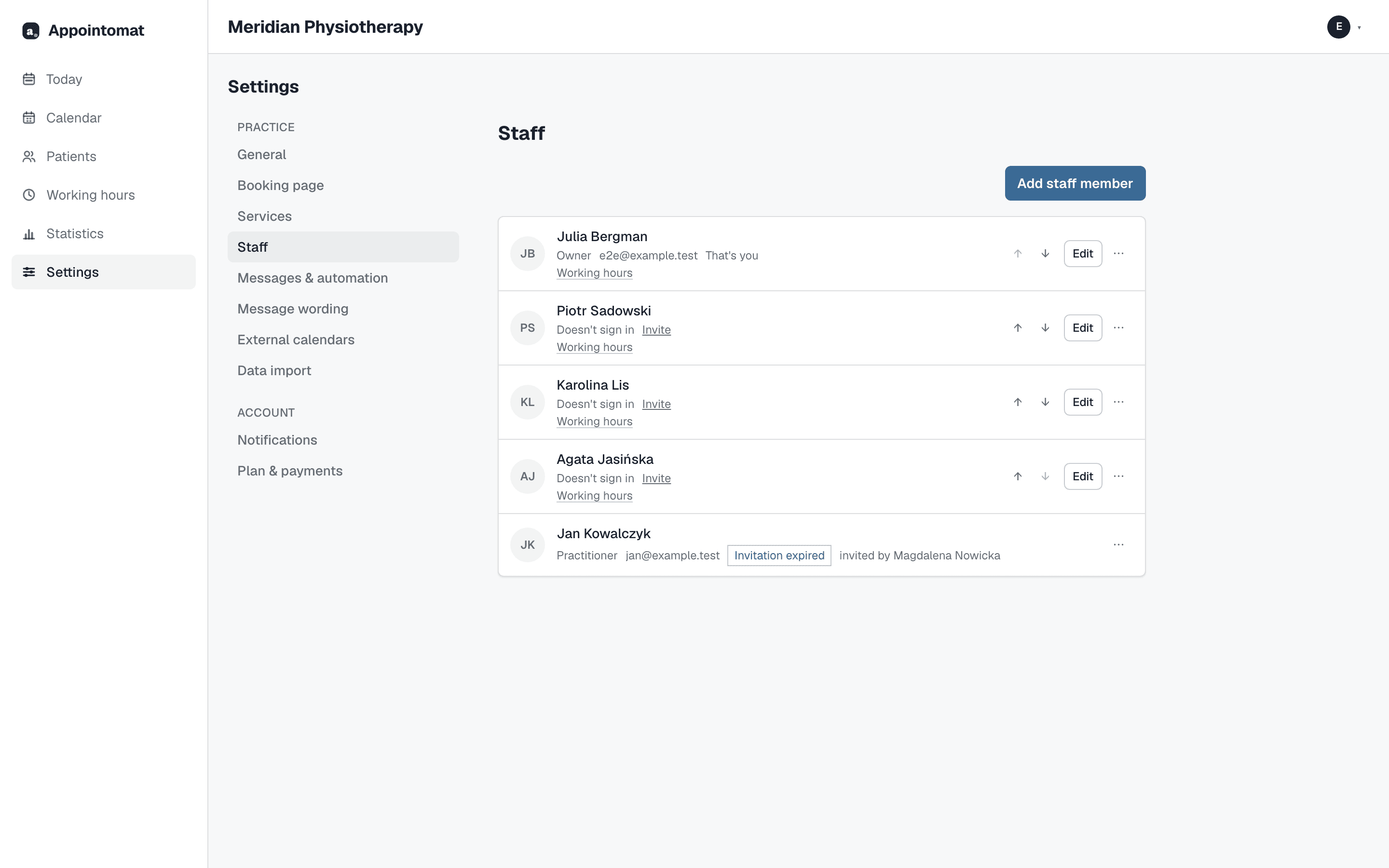 Settings → Staff: who sees patients and who signs in, arrows set the order on the booking page, and inactive people wait on "Restore" without taking a plan seat.
